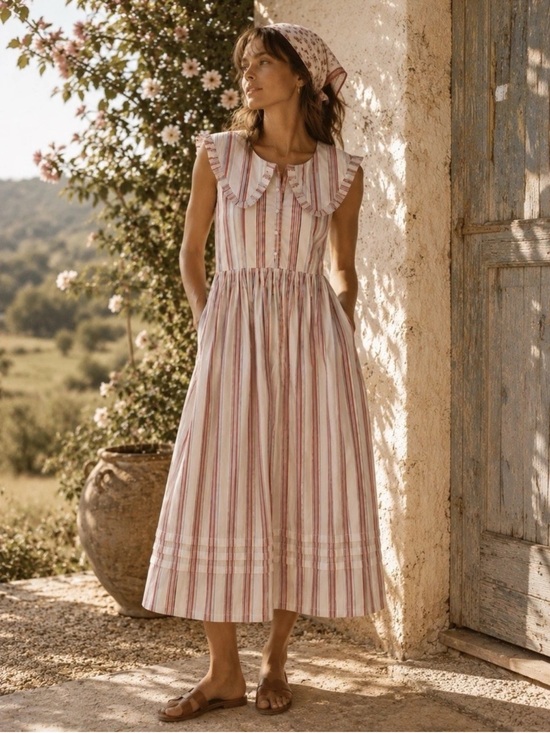 Caroline Constas Dresses & Skirts - Caroline Constas Pink & Cream Striped Maxi Dress with Ruffle Collar